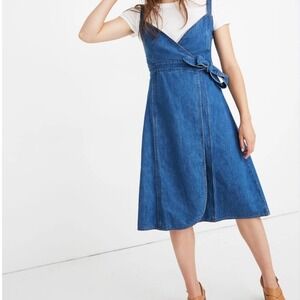 Madewell Denim Wrap Midi Dress Jean Medium Wash Western Cotton Linen Large 14
